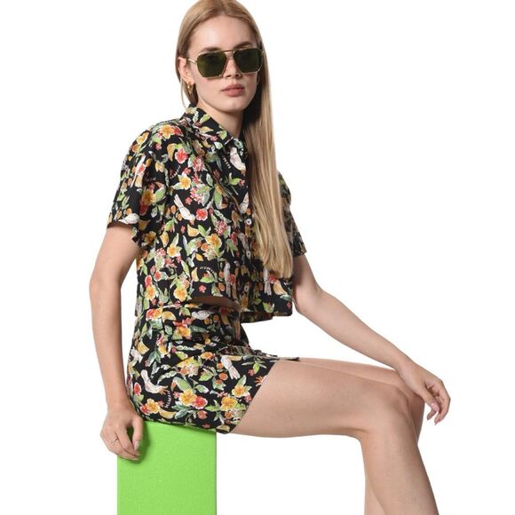 WAYF Kenny Linen Blend Wrap Skirt - Black Hawaiian Print - Size Medium - Picture 3 of 10